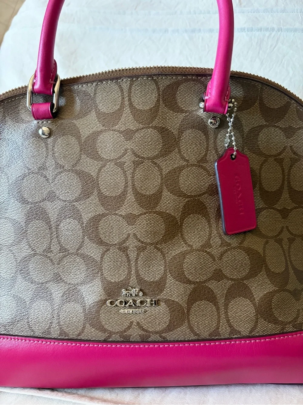 Coach Sierra Signature Dome Satchel with Pink Trim
